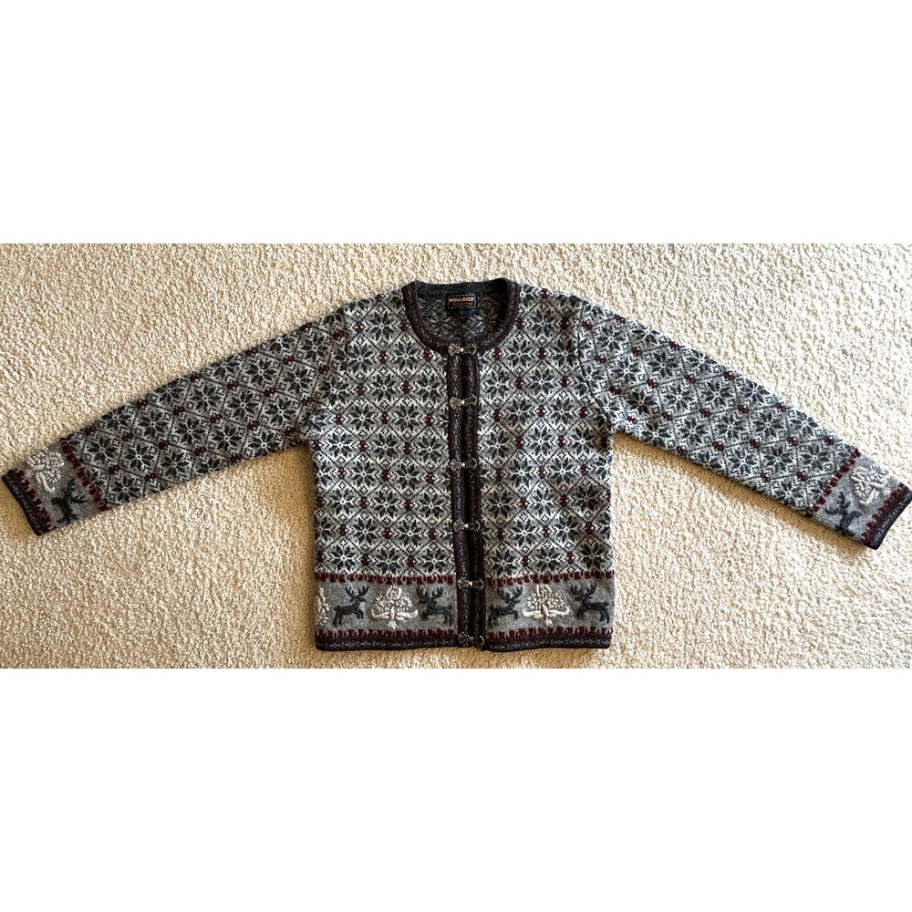 Woolrich Fair Isle Wool Cardigan Sweater Gray Maroon Clasp Women Small Vintage